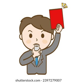 Illustration of a male businessman issuing a red card and warning