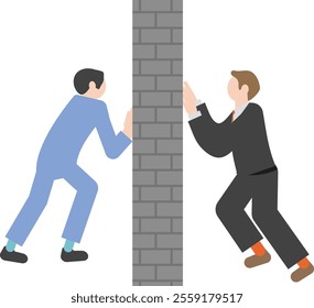 Illustration of a male businessman in a pushing and shoving match across a wall.