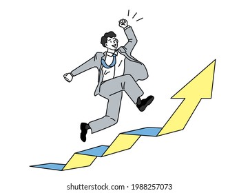 Illustration of a male businessman showing step-up, motivation, leap, ambition, promotion, motivation, effort, enthusiasm