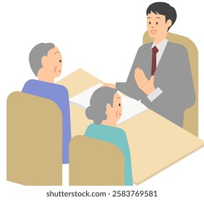 Illustration of a male businessman in a suit holding pamphlets and other materials and explaining to an elderly couple customers at an office table