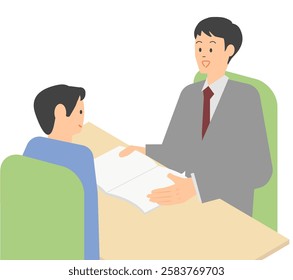 Illustration of a male businessman in a suit holding pamphlets and other materials and explaining at an office table