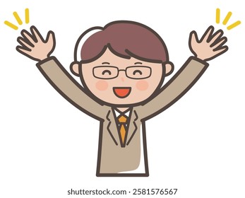 Illustration of a male businessman wearing glasses raising his arms in a big smile