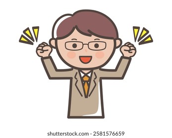 Illustration of a male businessman wearing glasses making a fist pump with both hands