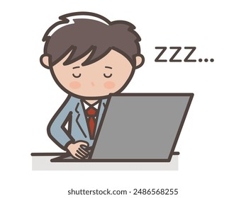 Ilustración de un hombre de negocios que se queda dormido mientras maneja una computadora en el trabajo