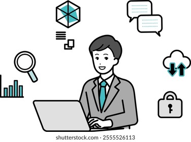 Illustration of a male businessperson operating a computer.