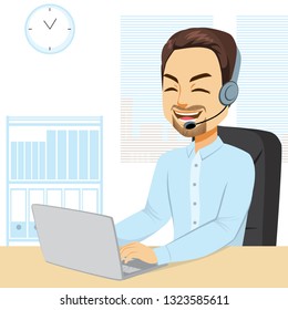 Illustration of Male call center operator with headset working on laptop typing smiling happy answering phone call