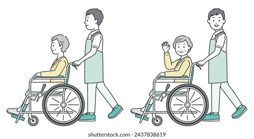 Illustration of a male caregiver assisting an elderly woman in a wheelchair