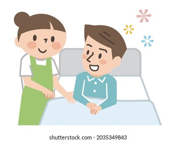 Illustration of a male caregiver lying in bed and a female caregiver caring for him