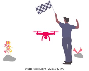 illustration of a male character with a drone with a racing background. Vector illustration