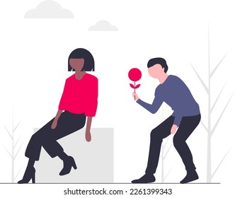 illustration of a male character and a female character with a scene giving flowers as a gift on valentine's day. Vector illustration