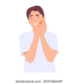 Illustration of a male character having a toothache problem and his hand touching his cheek. Swollen gums problem, gingivitis, adjacent teeth disease. Flat style.