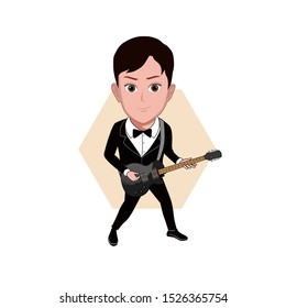 illustration of male character posing, playing a guitar instrument. Vector cartoons that can be used for caricature or mascot templates with plain backgrounds.