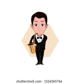 illustration of male character posing, playing a saxophone instrument. Vector cartoons that can be used for caricature or mascot templates with plain backgrounds.