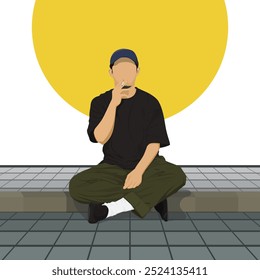 Illustration of male character sitting and smoking cigarette