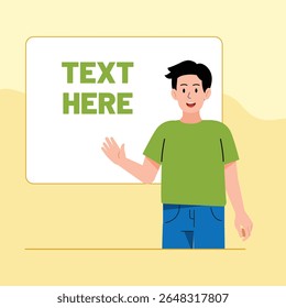 Ilustração de um personagem masculino com uma caixa de texto ou balão de fala, representando comunicação, diálogo ou conceito de mensagem em estilo plano moderno.
