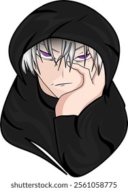 Illustration of a male character who has a handsome face with purple eyes, gray hair, and is wearing a black robe.