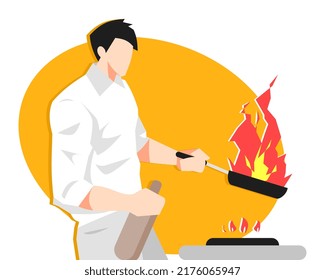 illustration of male chef cooking with fire. chef's unique skills and performance. isolated on an orange background. suitable for cooking themes, professions, hobbies, acrobatics, etc. flat vector