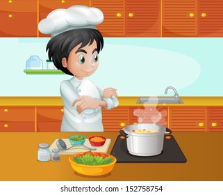 Illustration of a male chef cooking at the kitchen