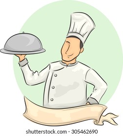 Illustration of a Male Chef with a Ribbon in Front of Him Carrying a Food Dome