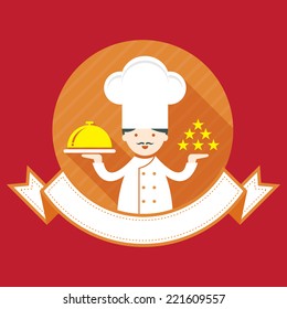 Illustration : Male Chef with Ribbon, Show five stars and salver