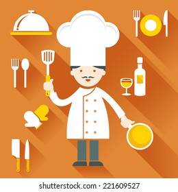 Illustration : Male Chef Show Pan And Spatula With Cooking Icons