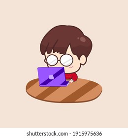 Illustration of male chibi character using laptop wearing red shirt. Simple character designs suitable for use in any type of content.