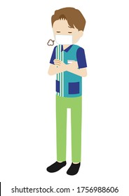 Illustration of a male clerk at convenience store wearing a mask (sighing with his arms crossed)