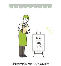 Illustration of a male clerk standing in a store with a paper bag with a cute gesture. Vector.