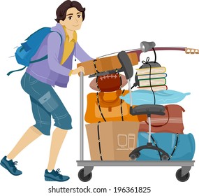 Illustration Of A Male College Student Moving Into The Dormitory