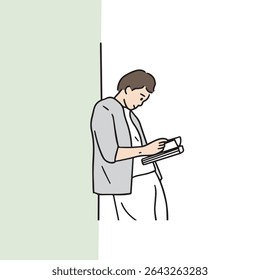 Illustration of a male college student working on a assignment. A male young man busy with his school life. Hand-drawn vector design elements related to studying men.