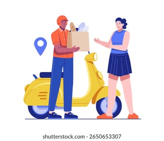 Illustration of a male courier standing beside his motorbike, handing a paper bag of groceries to a woman customer. Food delivery service concept