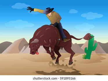 illustration of a male cowboy ride a wild bull on rodeo game on nature background