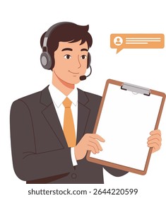 Ilustração de um representante de suporte ao cliente masculino com um fone de ouvido e área de transferência. Ótimo para call center, helpdesk e temas de comunicação de negócios.