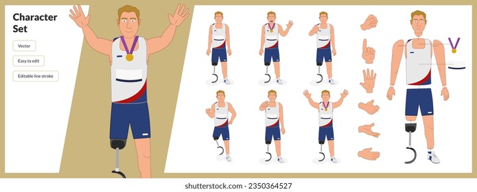 Illustration of male disabled athlete with medal in a set of multiple poses. Easy to edit with editable line strokes and isolated on white background. Suitable for animation. AthleticSpirit.