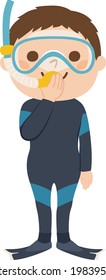 Illustration of a male diver wearing a diving suit. Men wear snorkeling masks and fins.