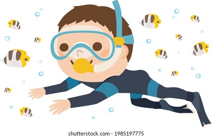 Illustration of a male diver wearing a diving suit. Men are swimming with fish.