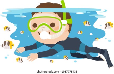 Illustration of a male diver wearing a diving suit. Men are swimming with fish in the sea.