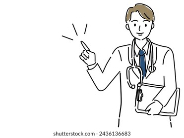 Illustration of a male doctor holding a stethoscope and pointing