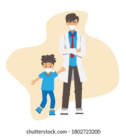 Illustration male doctor and kids wearing face mask design isolate on white background
