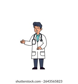 illustration of a male doctor with a stethoscope, smiling and giving advice. Modern flat medical professional character for clinic, healthcare, or hospital themes.