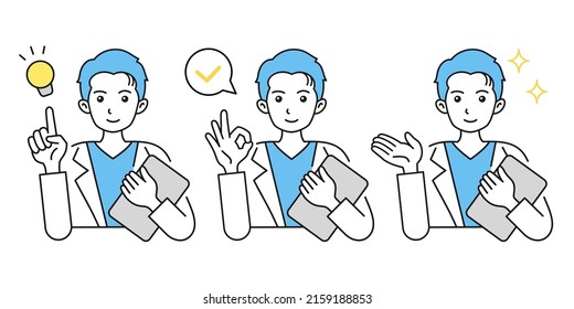 Illustration of a male doctor. Suggestions, advice, explanations. Gesture. White coat. Smiling.