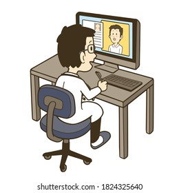 Illustration of a male doctor using a computer to treat patients remotely. Vector illustration on white background.