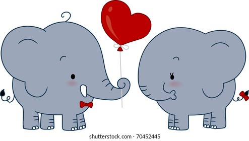 Illustration of a Male Elephant Giving a Balloon to a Female Elephant