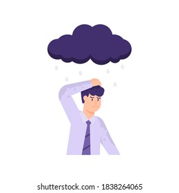 illustration of a male employee in the rain. cover your head with your hands so you don't get wet from the rain. sad and gloomy expression. activities of people. flat style. design elements