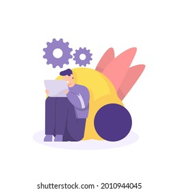 illustration of a male employee sitting near a light bulb. work on a tablet. creative and innovative worker concept, full of ideas, smart. flat cartoon style. vector design