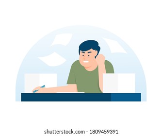 illustration of a male employee who is angry because there is still a lot of work. the concept of workload, work overtime, tasks are getting pile up. flat style. UI element design