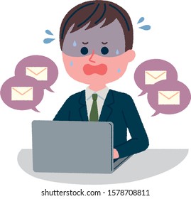 Illustration of a male employee who has received many emails and is sweating cold