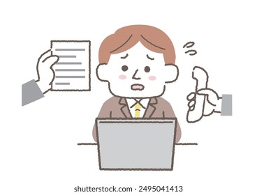 Illustration of a male employee who is in trouble because he is forced to do a lot of work