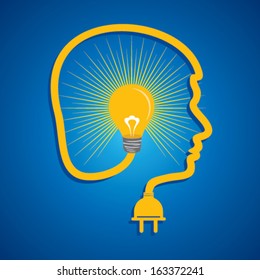 Illustration of male face with light-bulb and electric plug