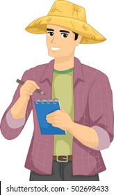 Illustration of a Male Farmer Dressed in a Long-Sleeved Polo and a Straw Hat Writing Notes Down